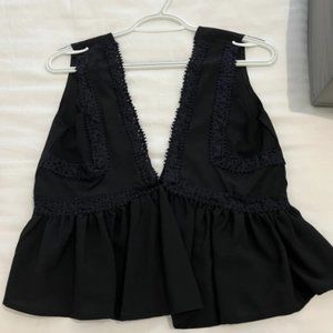 Black v-neck Top with Plunging Neckline and embroidery
